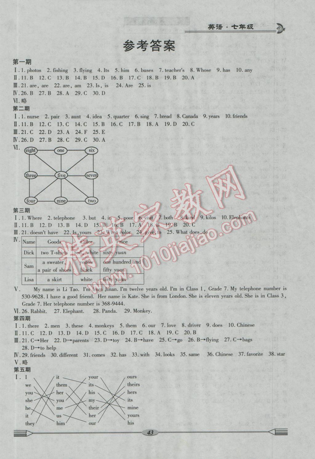 2017年仁爱英语开心寒假七年级 参考答案第1页