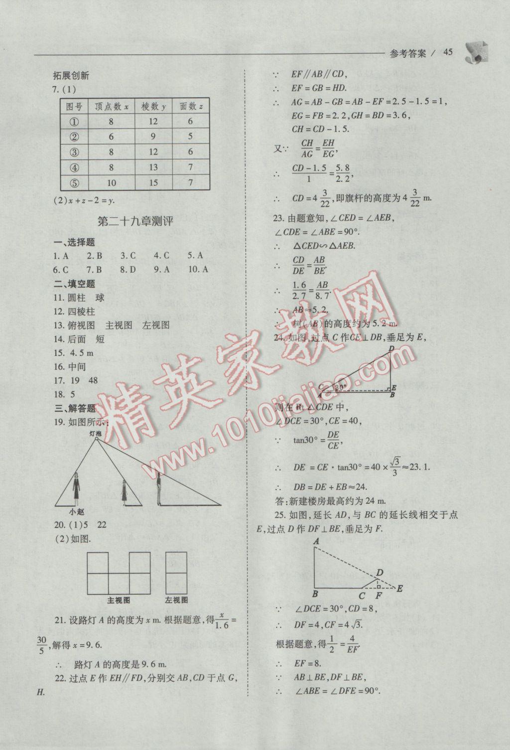 2017年新課程問(wèn)題解決導(dǎo)學(xué)方案九年級(jí)數(shù)學(xué)下冊(cè)人教版 參考答案第45頁(yè)