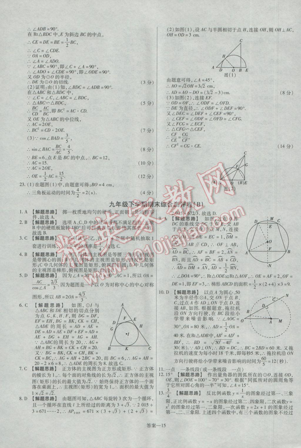 2017年金考卷活頁題選九年級數(shù)學(xué)下冊滬科版 參考答案第15頁