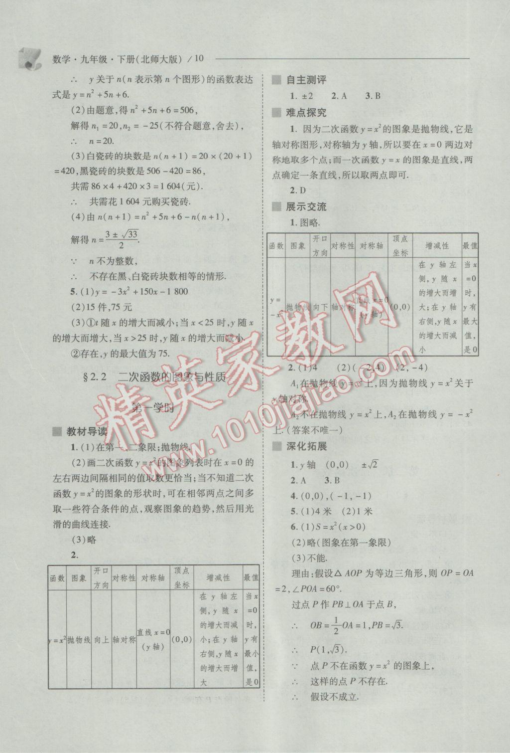 2017年新课程问题解决导学方案九年级数学下册北师大版 参考答案第10页