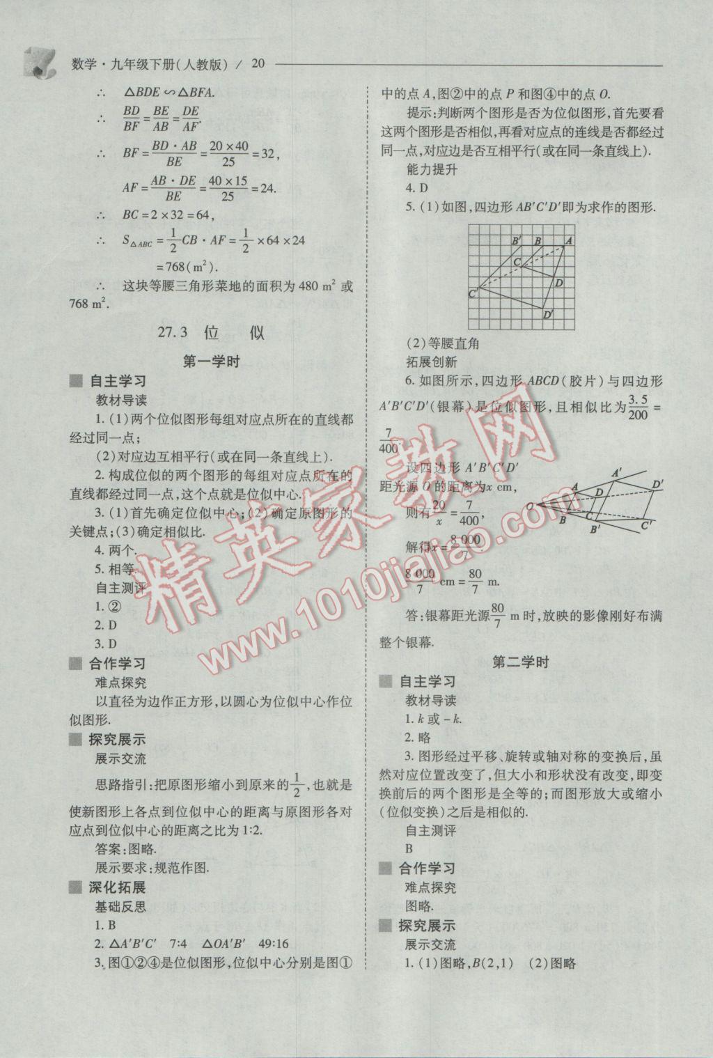 2017年新課程問題解決導(dǎo)學(xué)方案九年級數(shù)學(xué)下冊人教版 參考答案第20頁