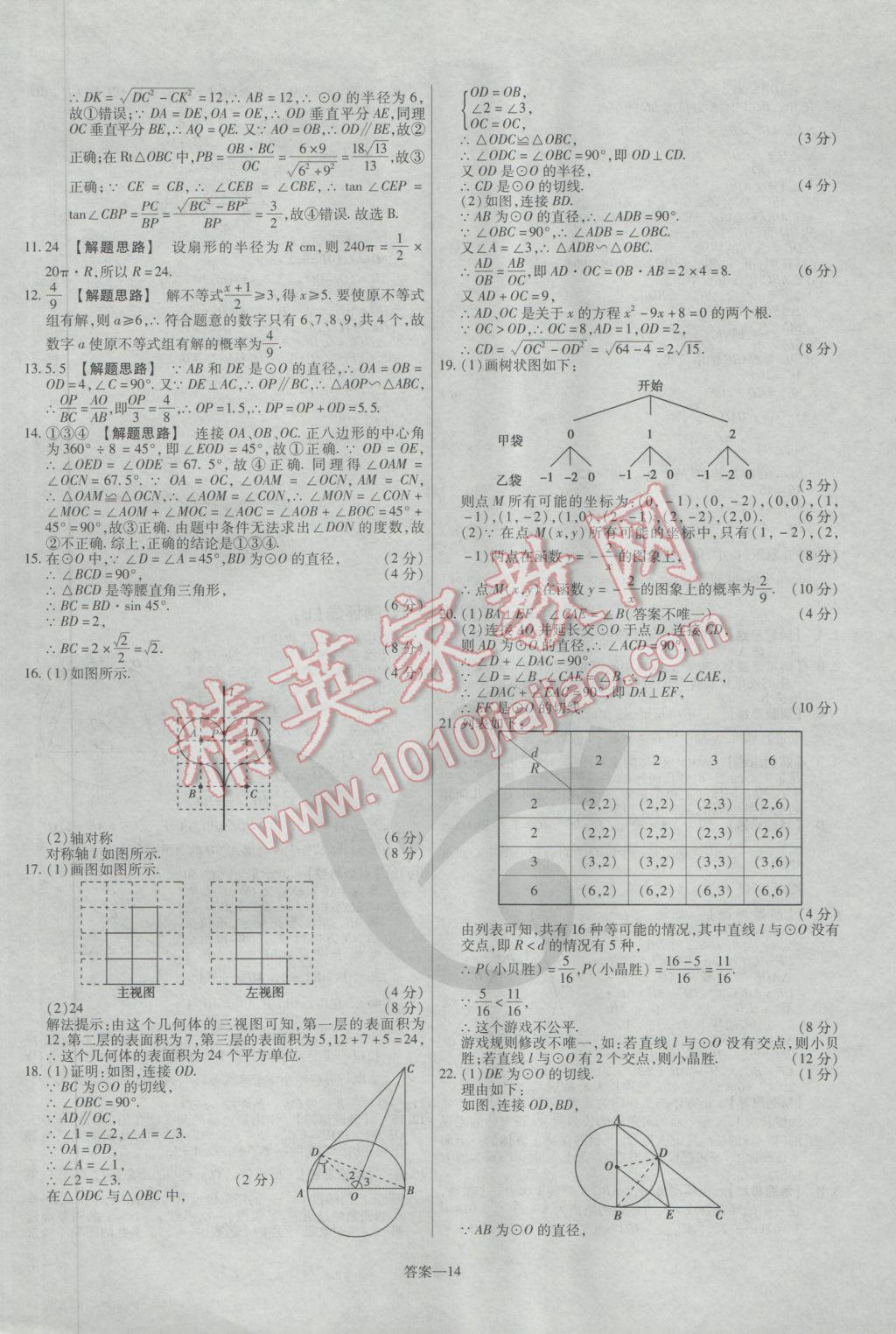 2017年金考卷活頁題選九年級數(shù)學下冊滬科版 參考答案第14頁