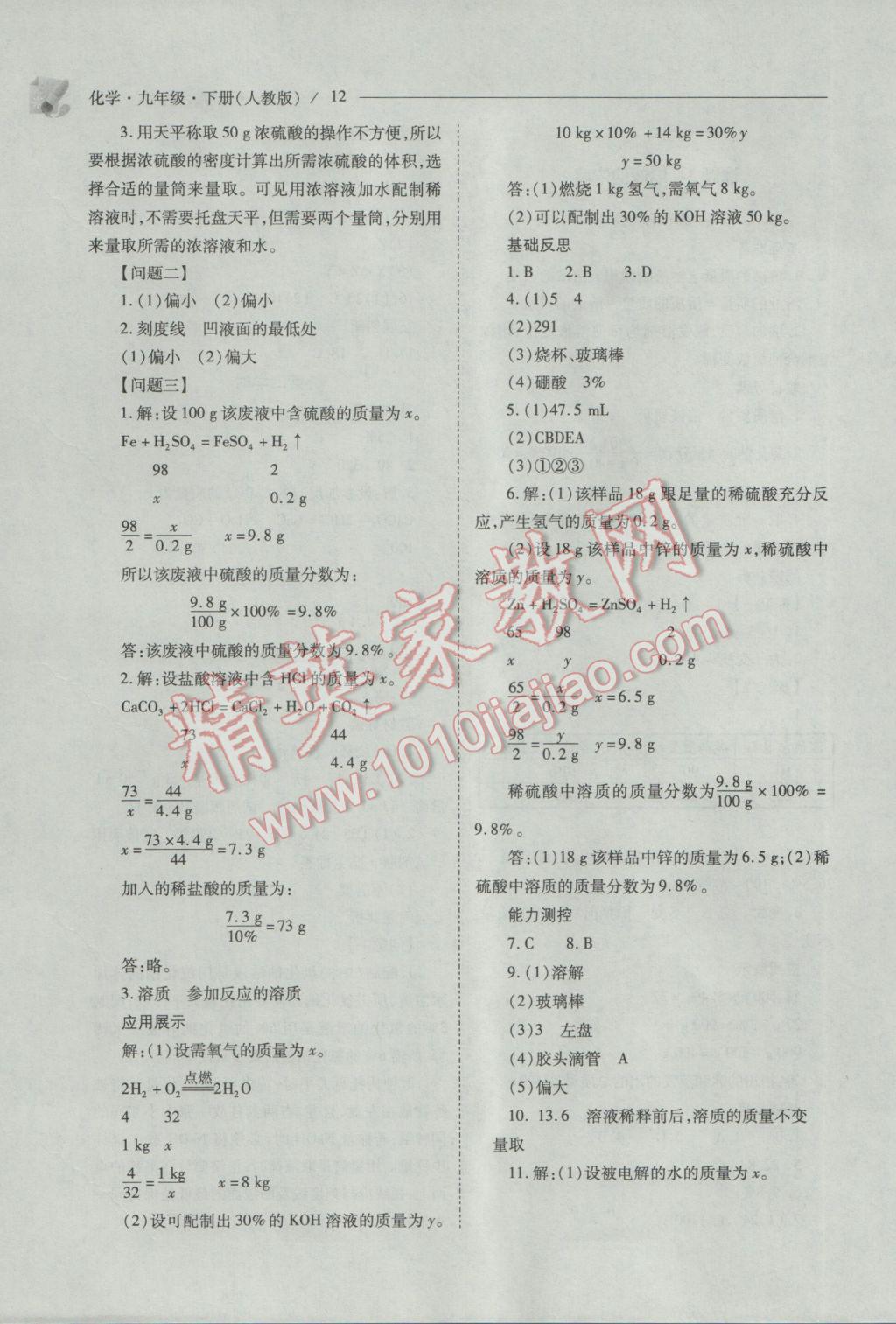 2017年新课程问题解决导学方案九年级化学下册人教版 参考答案第12页