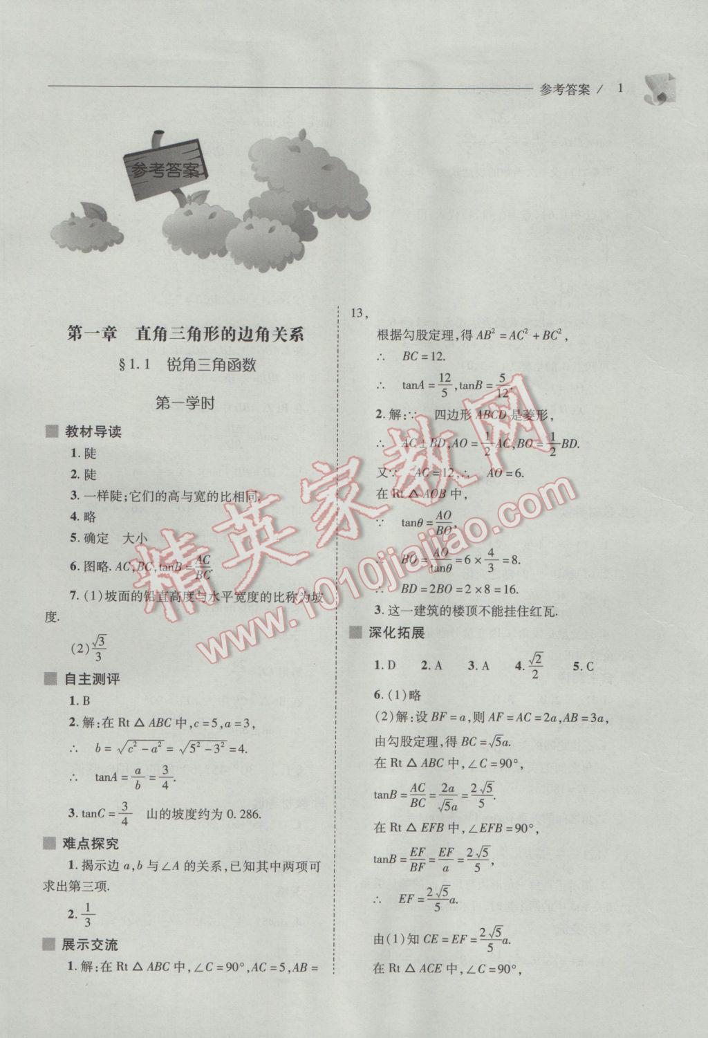 2017年新课程问题解决导学方案九年级数学下册北师大版 参考答案第1页