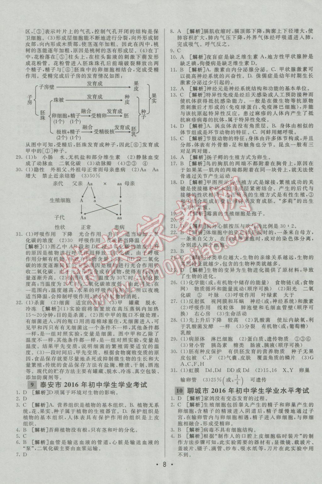 2017年中考妙策山东省17地市2016中考真题超详解33套汇编生物 参考答案第8页