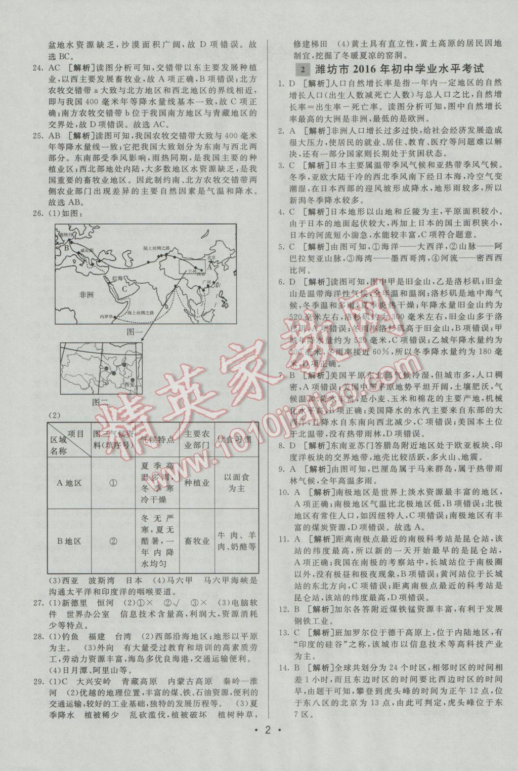 2017年中考妙策山東省17地市2016中考真題超詳解33套匯編地理 參考答案第2頁