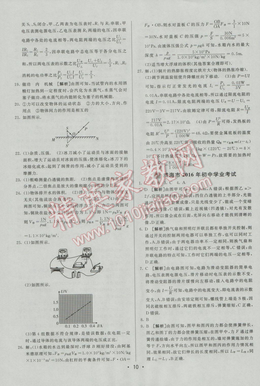 2017年中考妙策山東省17地市2016中考真題超詳解33套匯編物理 參考答案第10頁