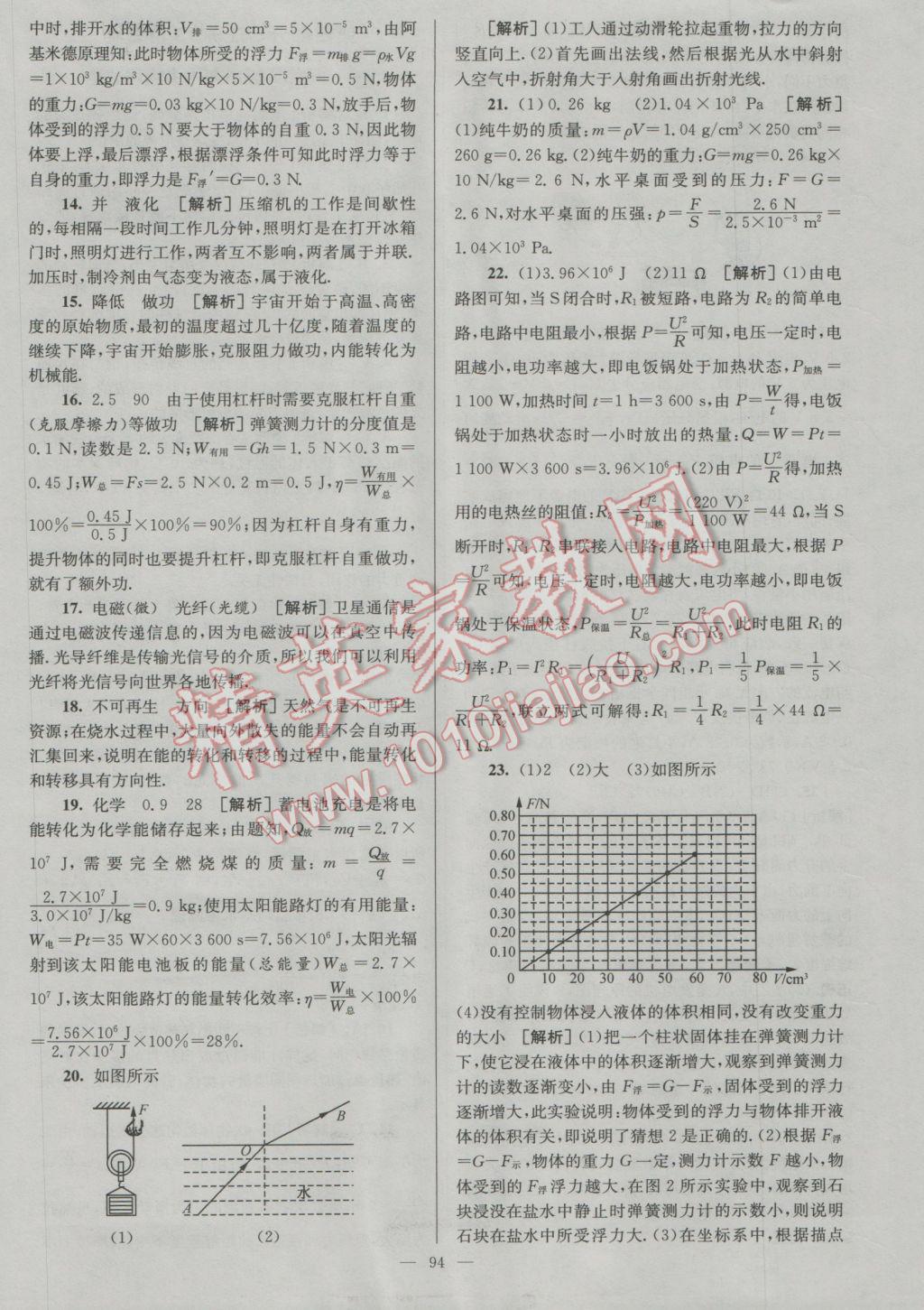 2017年潤學書業(yè)亮點給力江蘇中考48套物理 參考答案第94頁