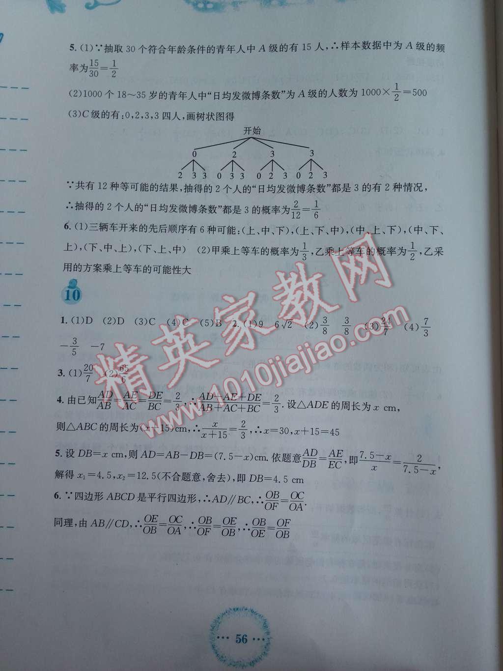 2017年寒假作业九年级数学北师大版安徽教育出版社 参考答案第5页