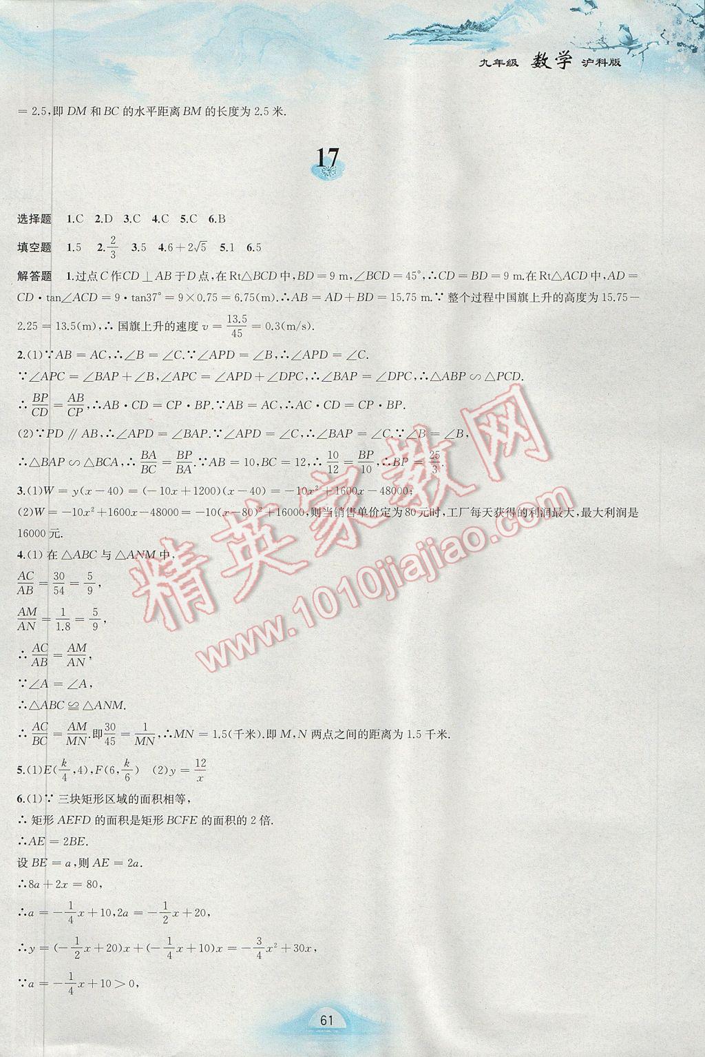 2017年寒假作业九年级数学沪科版安徽教育出版社 参考答案第6页