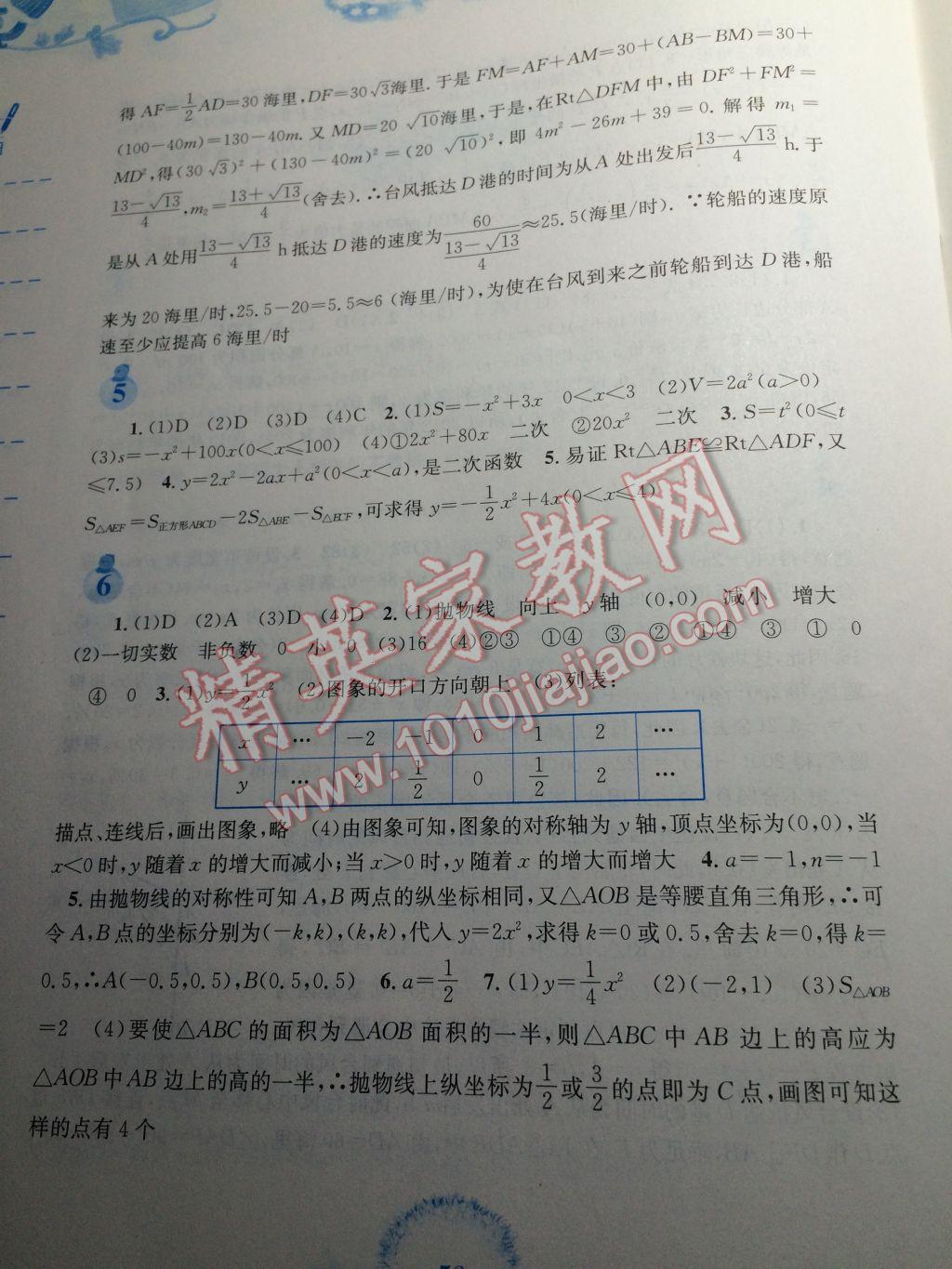 2017年寒假作业九年级数学人教版安徽教育出版社 参考答案第3页