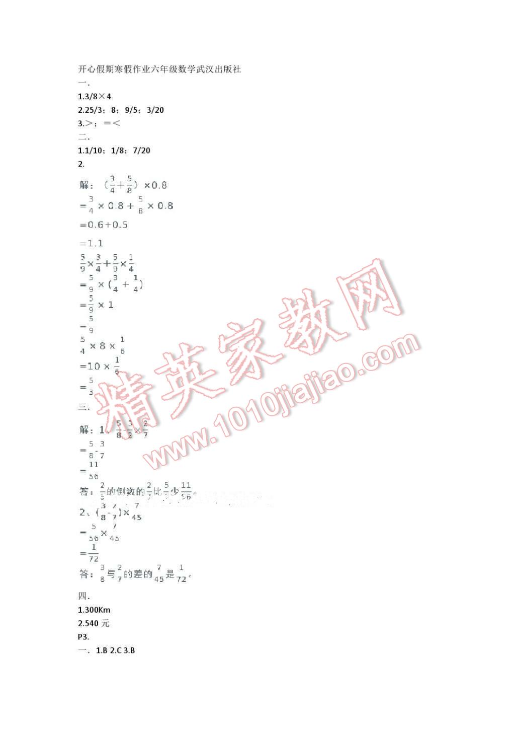 2017年开心假期寒假作业六年级数学武汉出版社 参考答案第1页