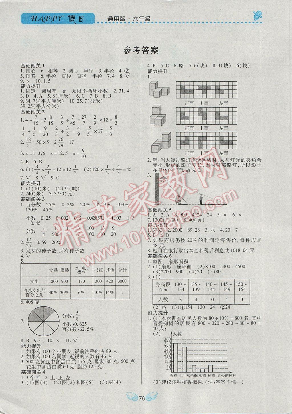 2017年寒假Happy假日六年級數學通用版 參考答案第1頁