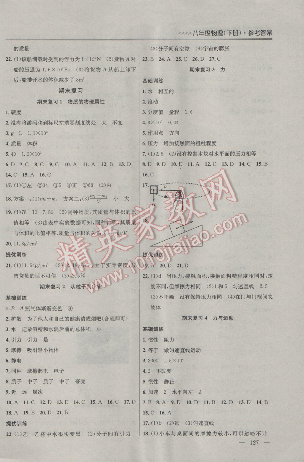 2017年提优训练非常阶段123八年级物理下册江苏版 参考答案第7页