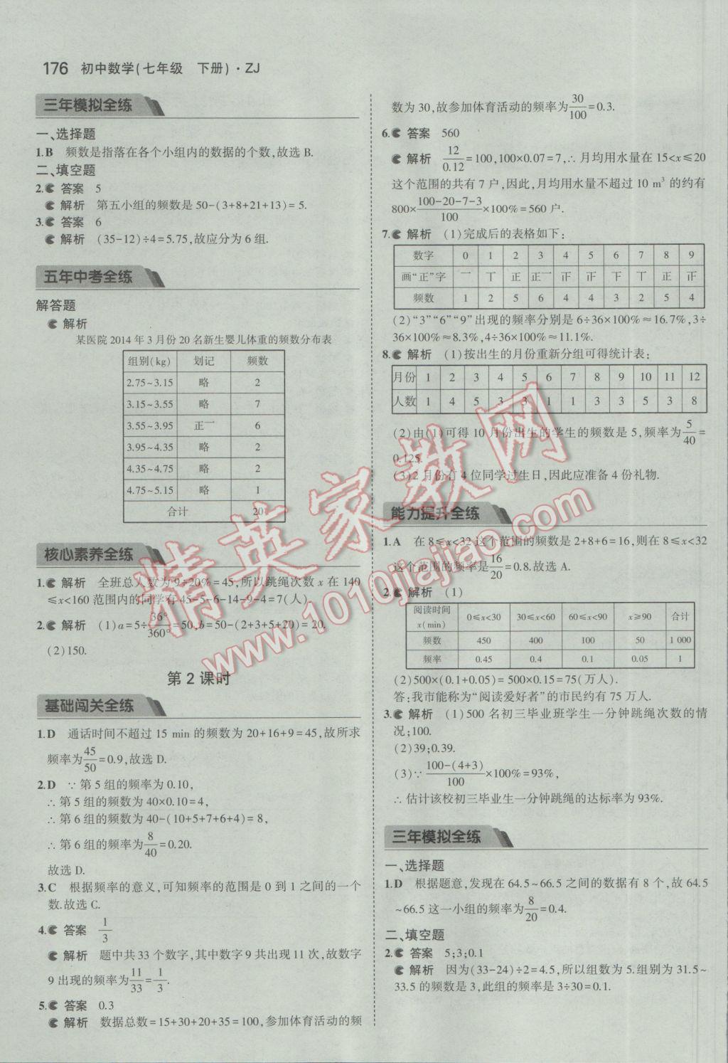 2017年5年中考3年模擬初中數(shù)學七年級下冊浙教版 參考答案第58頁