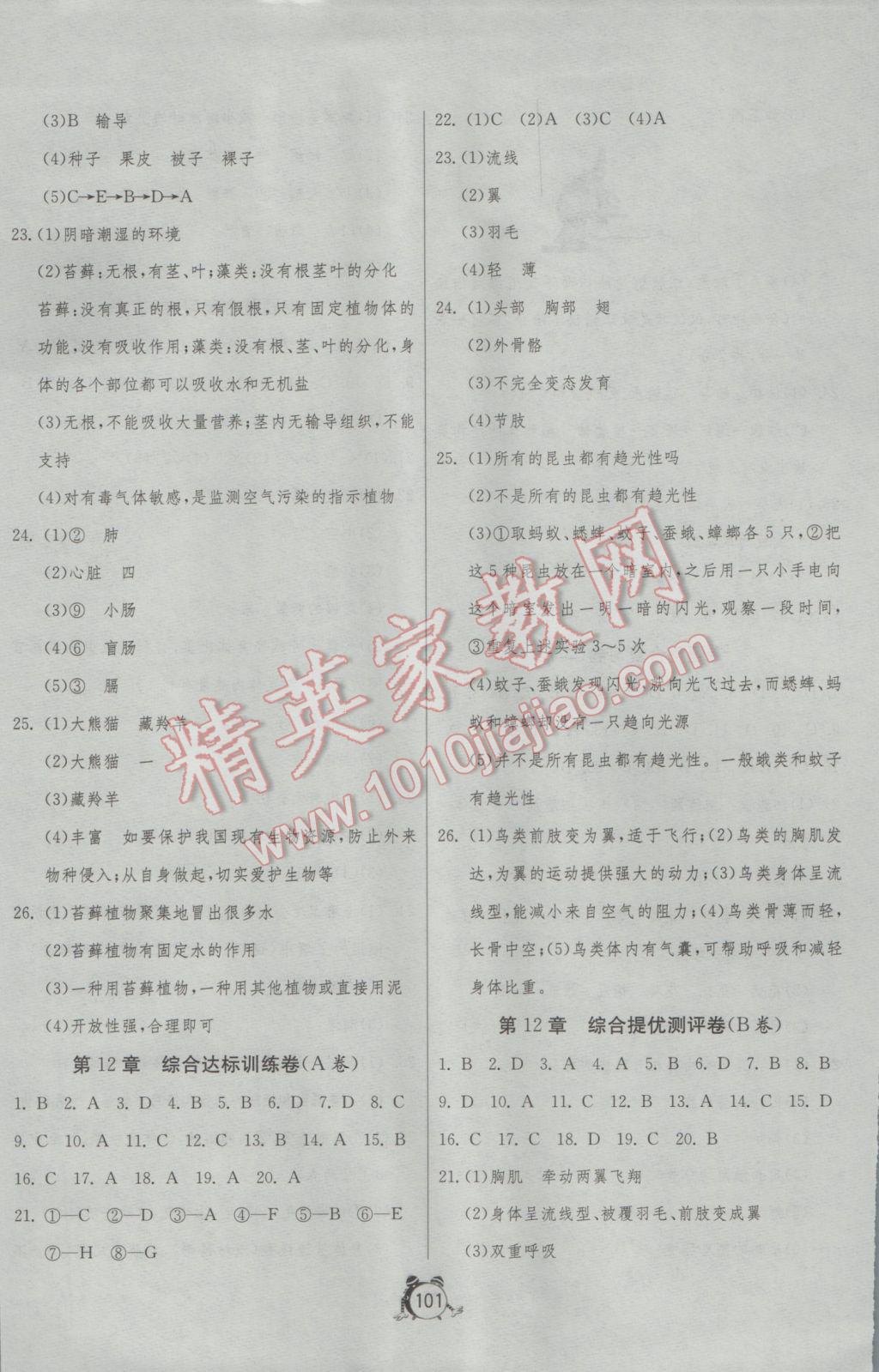 2017年單元雙測全程提優(yōu)測評卷七年級生物學(xué)下冊蘇科版 參考答案第5頁