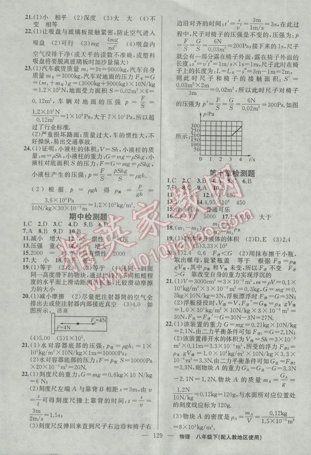 2017年黃岡100分闖關(guān)八年級物理下冊人教版 參考答案第15頁