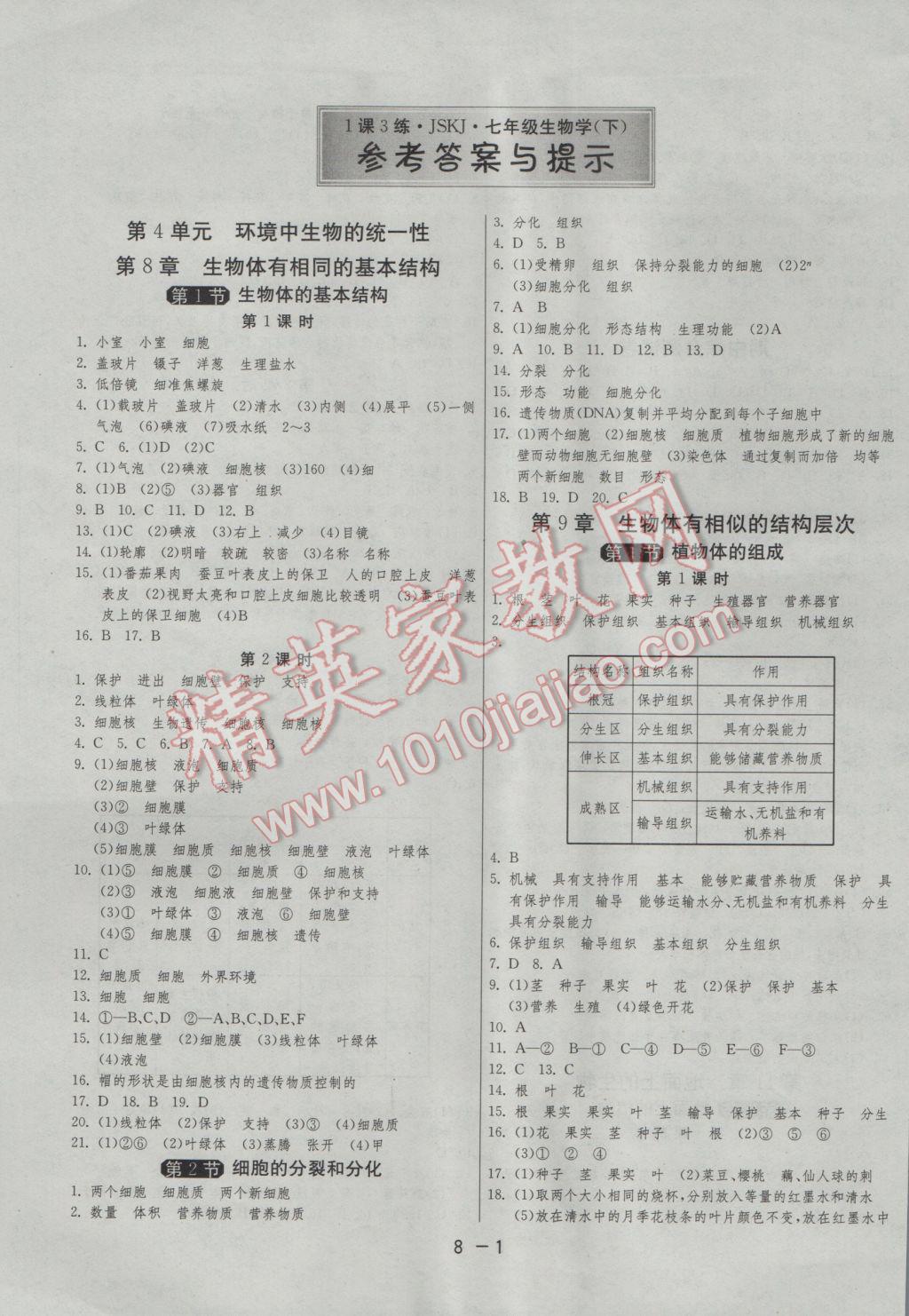 2017年1课3练单元达标测试七年级生物学下册苏科版 参考答案第1页