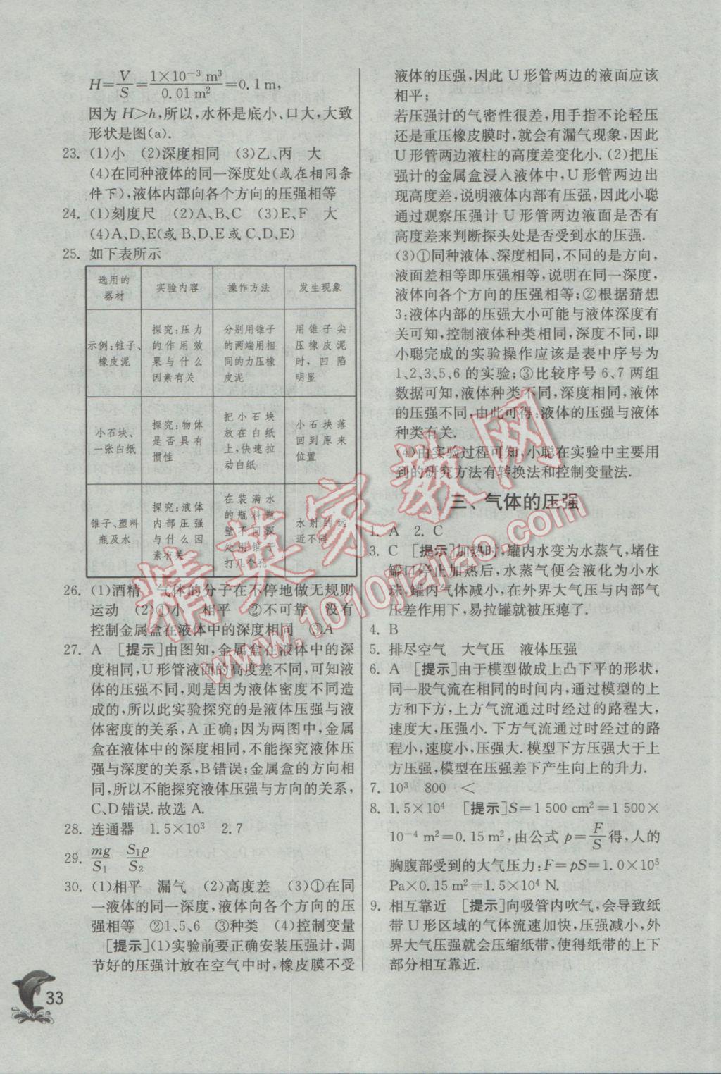 2017年实验班提优训练八年级物理下册苏科版 参考答案第33页