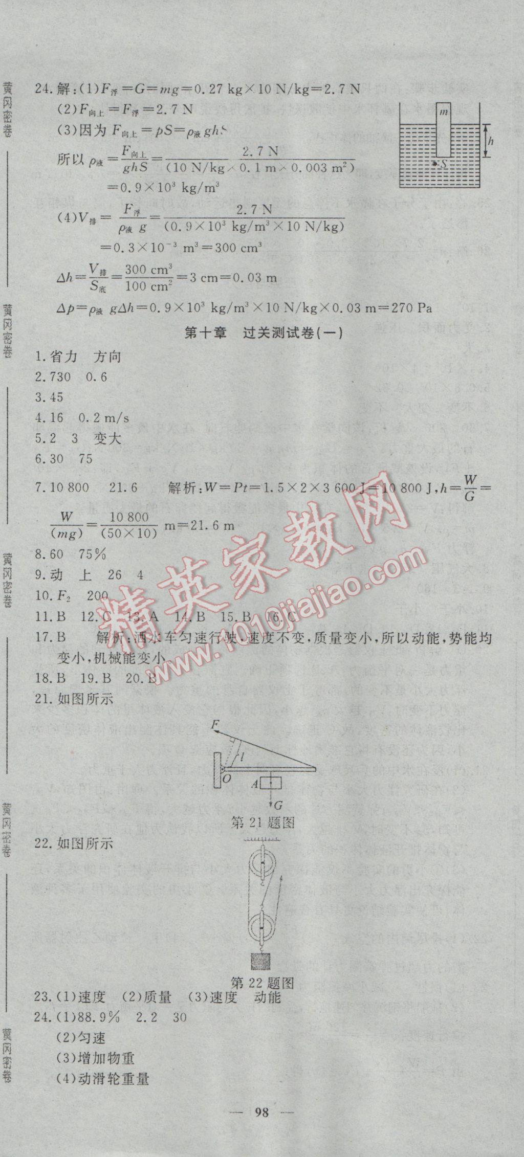 2017年王后雄黃岡密卷八年級物理下冊滬科版 參考答案第8頁