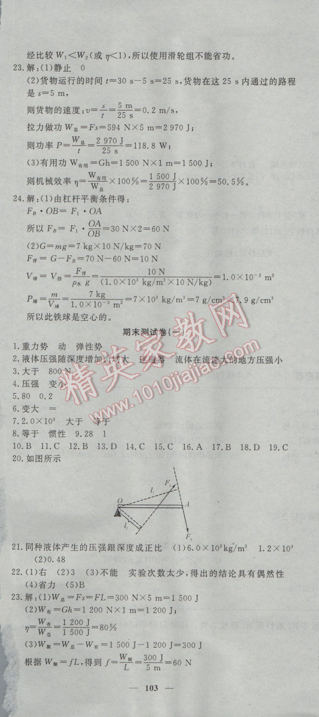 2017年王后雄黃岡密卷八年級物理下冊滬科版 參考答案第13頁