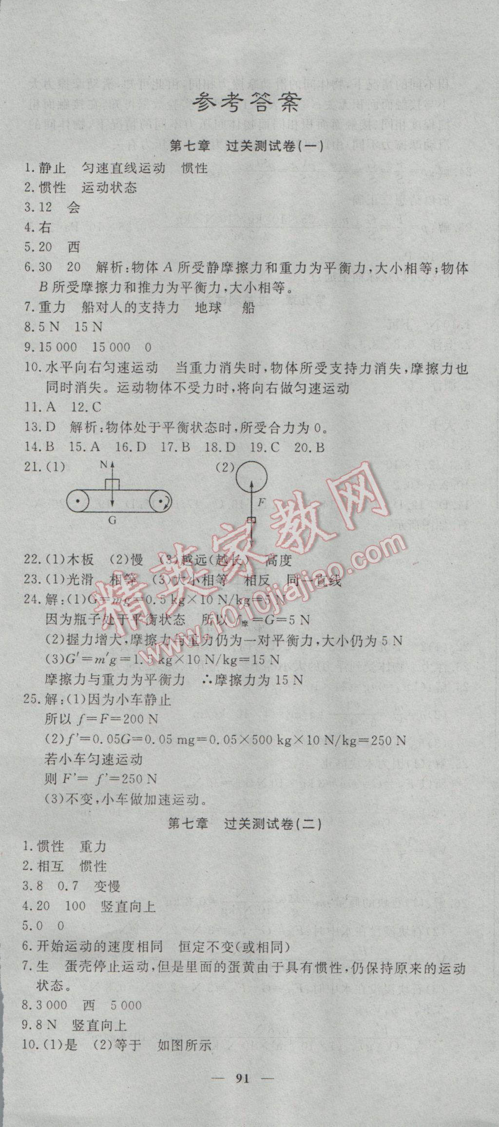 2017年王后雄黃岡密卷八年級物理下冊滬科版 參考答案第1頁