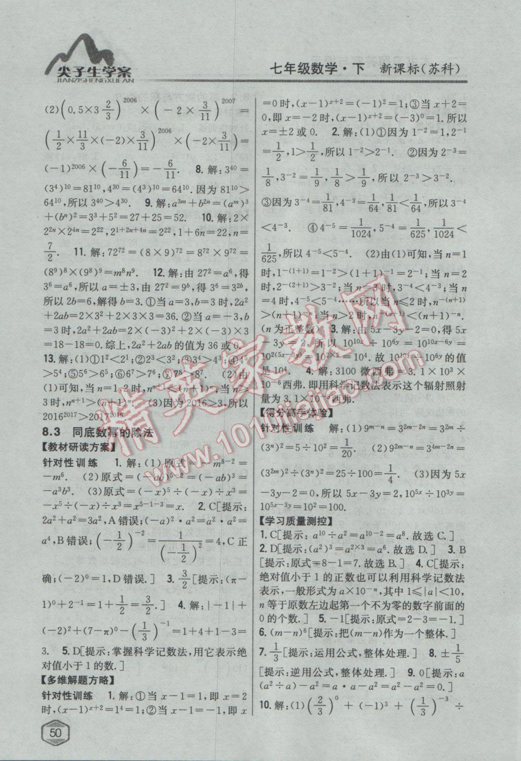 2017年尖子生学案七年级数学下册苏科版 参考答案第10页