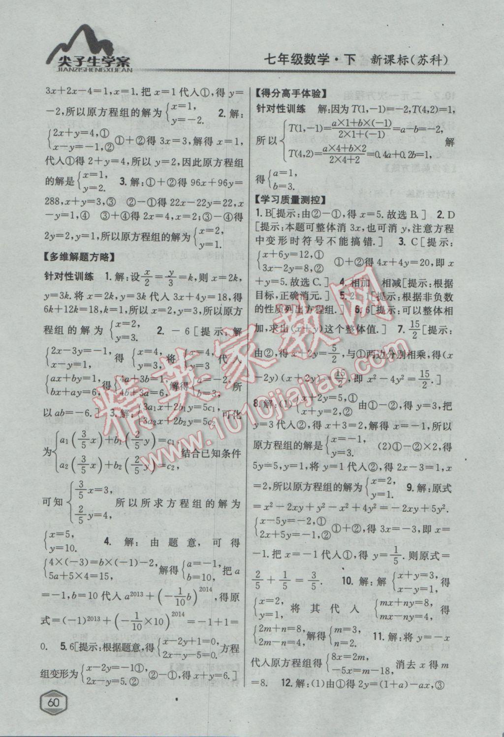 2017年尖子生学案七年级数学下册苏科版 参考答案第20页