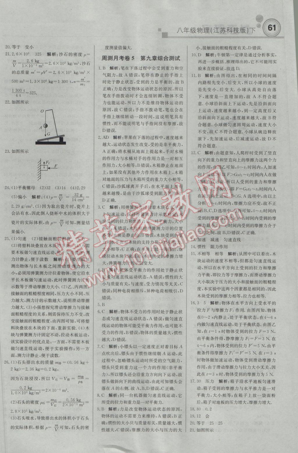 2017年轻巧夺冠周测月考直通中考八年级物理下册苏科版 参考答案第15页