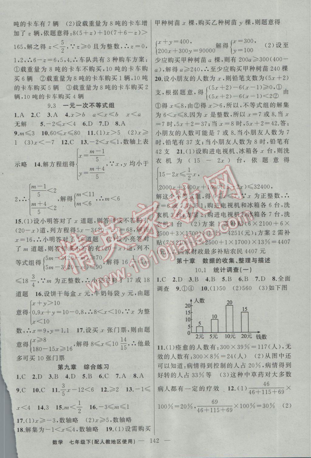 2017年黃岡100分闖關(guān)七年級數(shù)學(xué)下冊人教版 參考答案第12頁