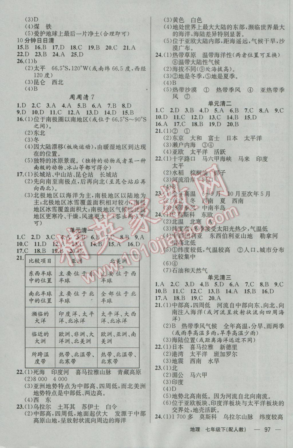 2017年四清導航七年級地理下冊人教版 參考答案第7頁