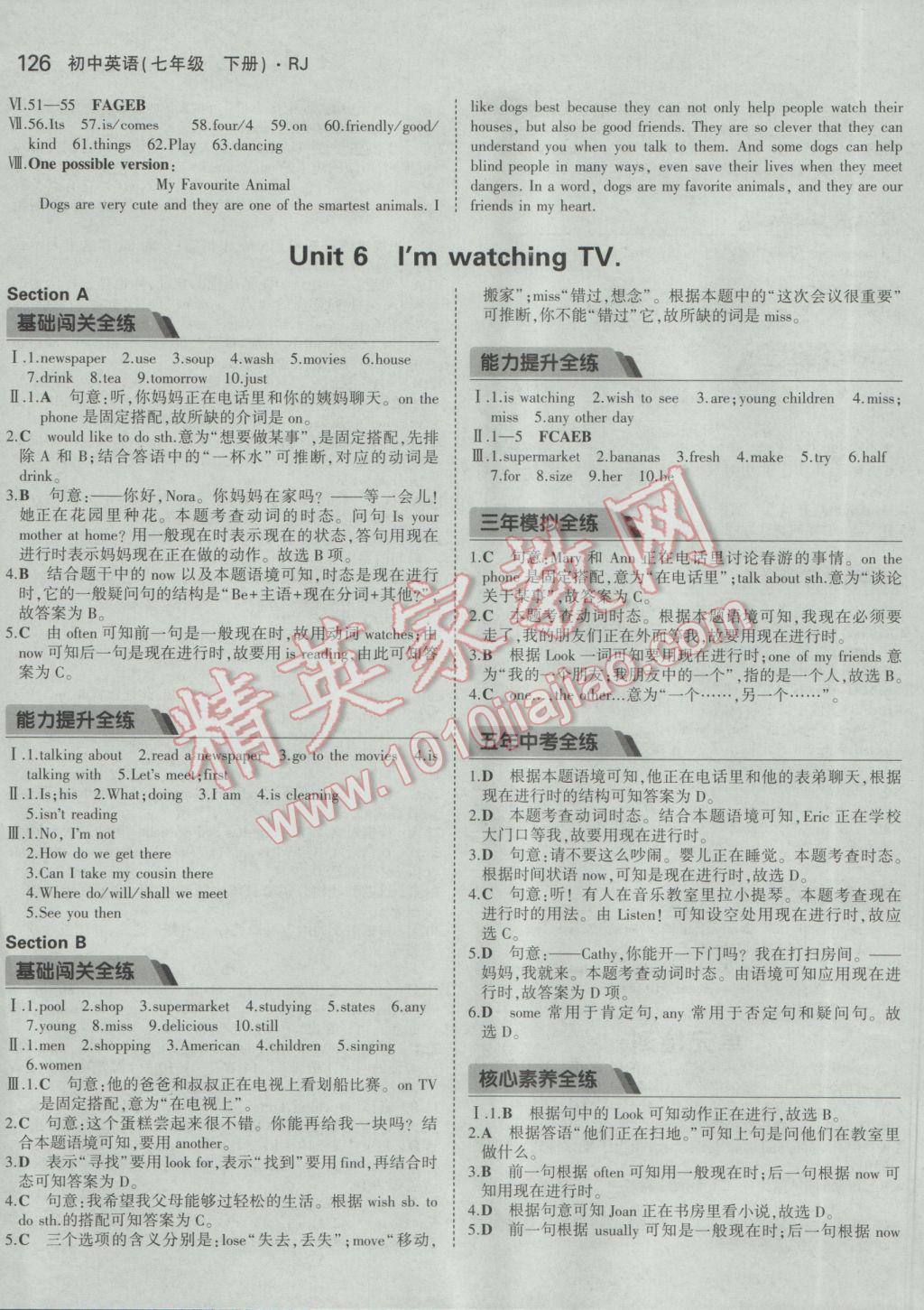 2017年5年中考3年模拟初中英语七年级下册人教版 参考答案第11页