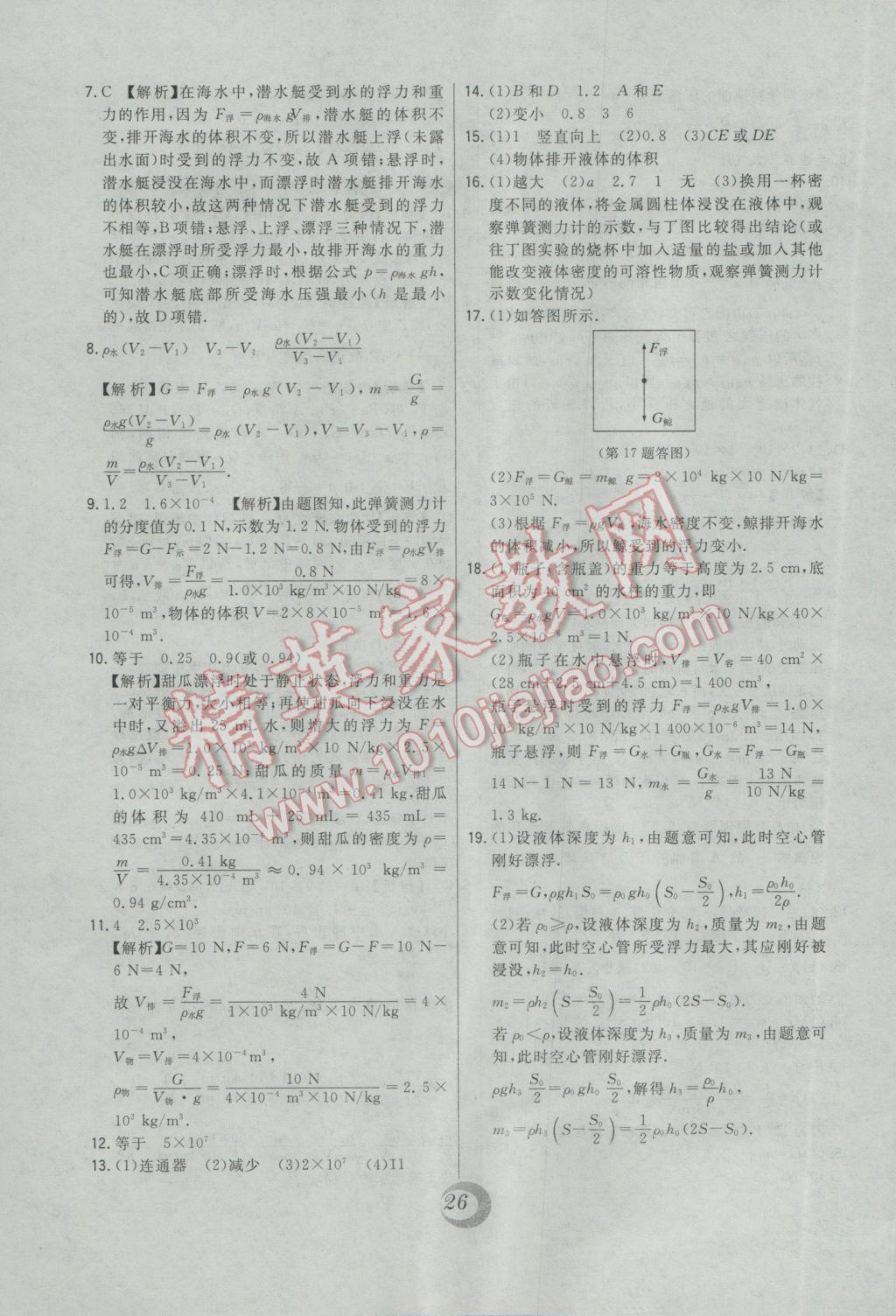 2017年北大綠卡課時(shí)同步講練八年級物理下冊人教版 中考真題精練答案第4頁