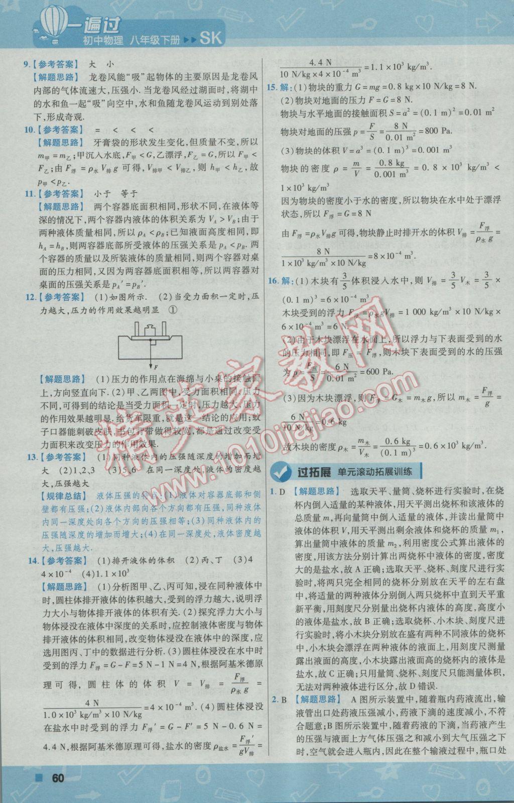 2017年一遍過初中物理八年級下冊蘇科版 參考答案第60頁