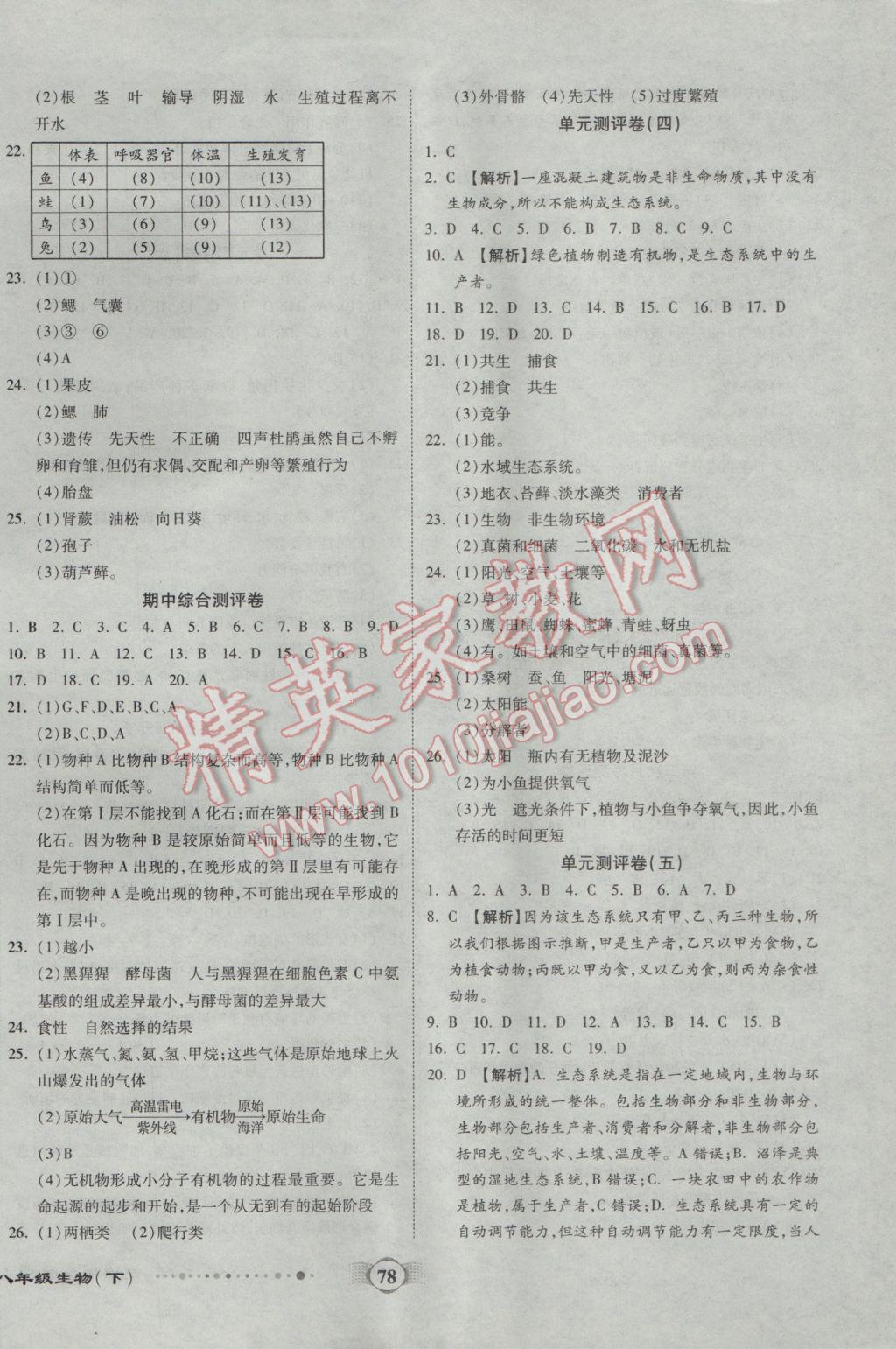 2017年全程優(yōu)選卷八年級生物下冊北師大版 參考答案第2頁