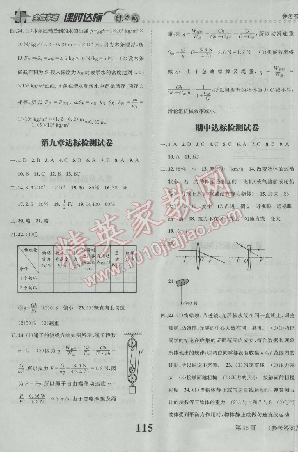 2017年課時達標練與測八年級物理下冊北師大版 參考答案第15頁