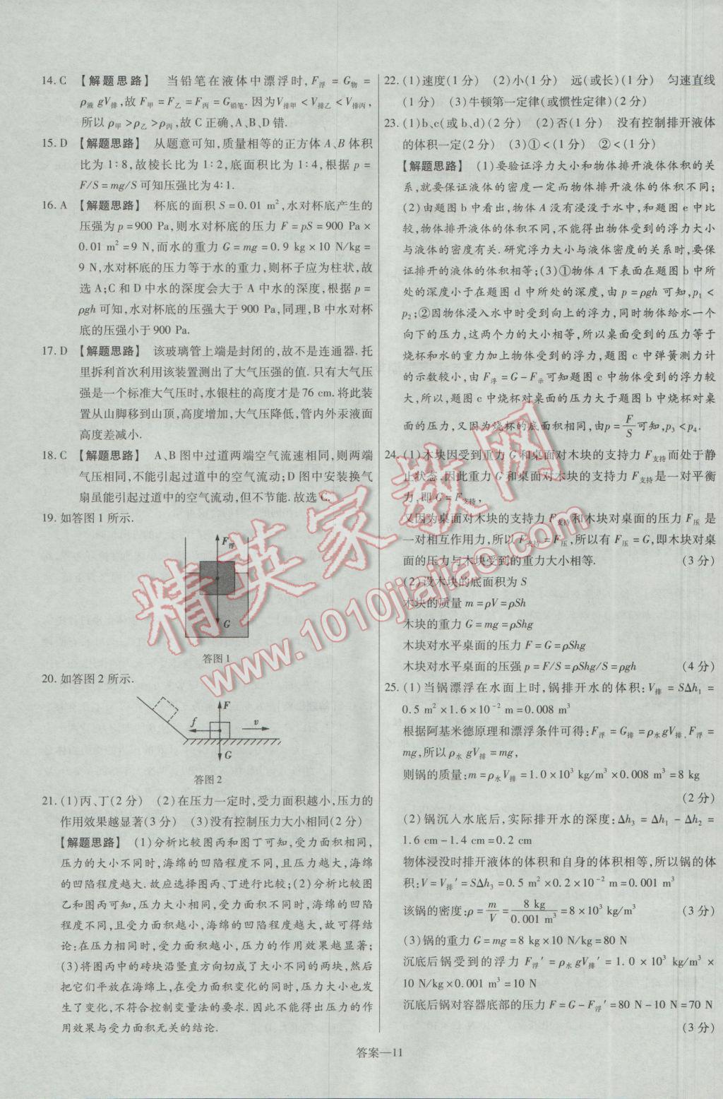 2017年金考卷活頁題選八年級物理下冊滬科版 參考答案第11頁