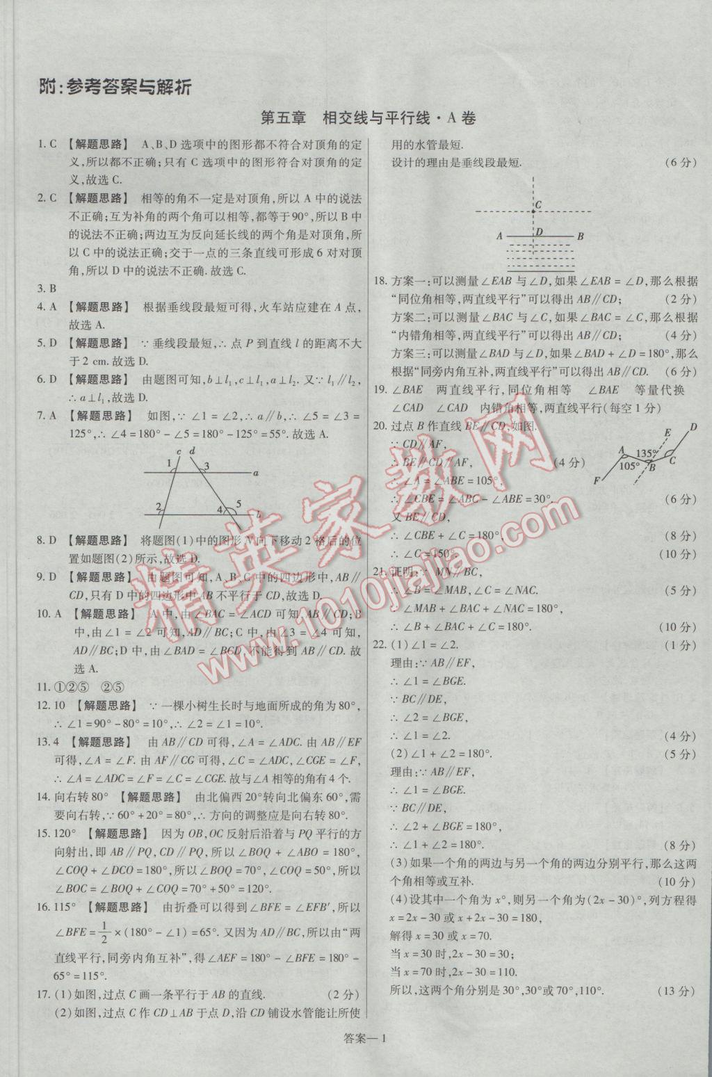 2017年金考卷活頁題選七年級數(shù)學下冊人教版 參考答案第1頁