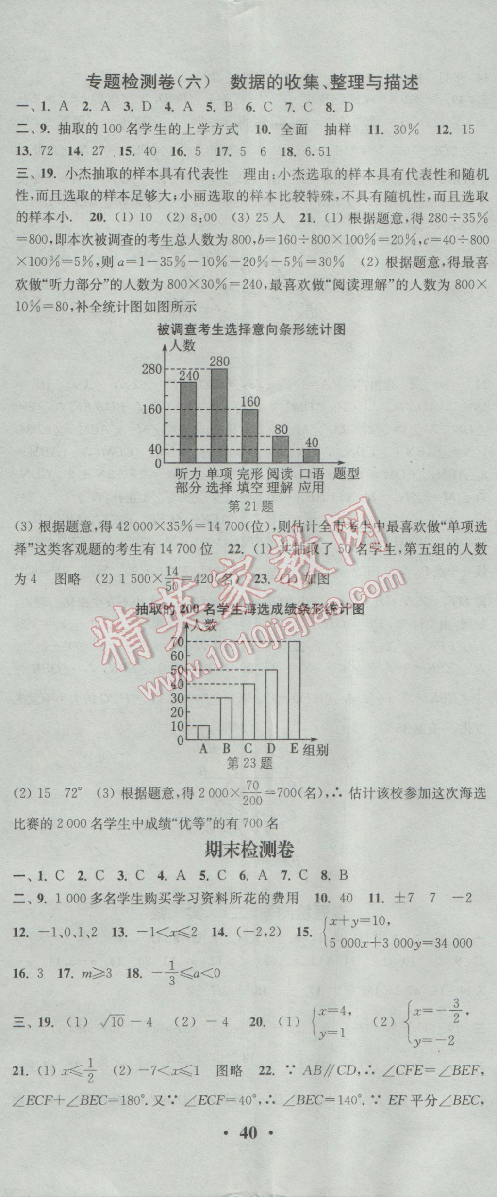 2017年通城学典活页检测七年级数学下册人教版 参考答案第23页