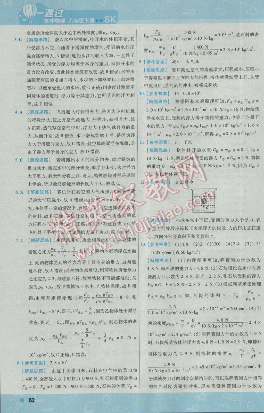 2017年一遍过初中物理八年级下册苏科版 参考答案第62页