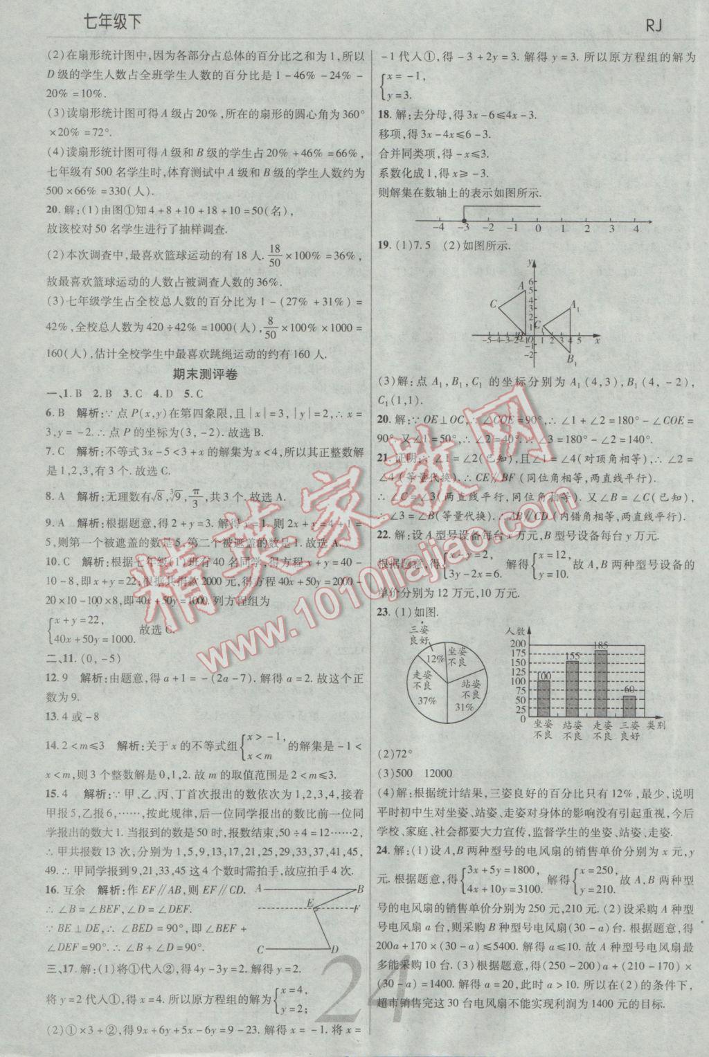 2017年一线调研学业测评七年级数学下册人教版 参考答案第24页