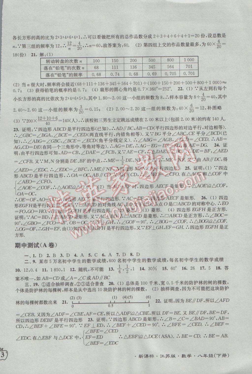 2017年江苏密卷八年级数学下册江苏版 参考答案第6页