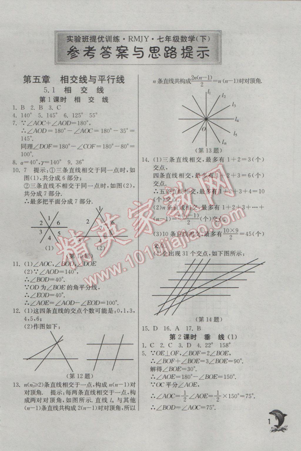 2017年實(shí)驗(yàn)班提優(yōu)訓(xùn)練七年級(jí)數(shù)學(xué)下冊(cè)人教版 參考答案第1頁