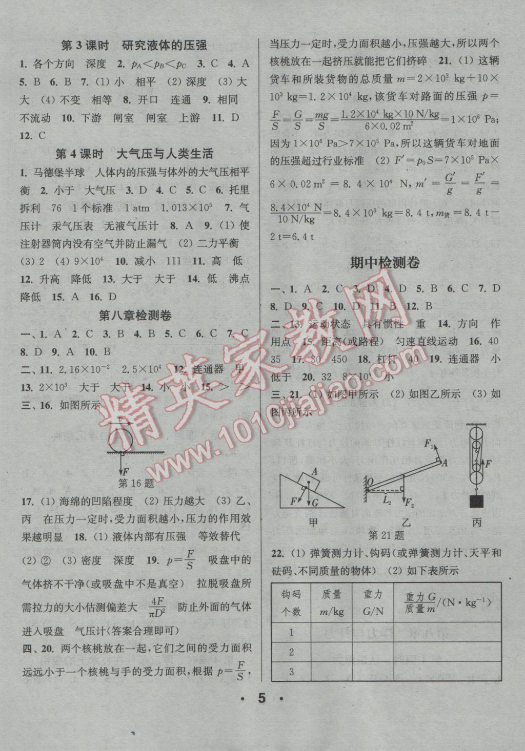 2017年通城学典小题精练八年级物理下册沪粤版 参考答案第5页