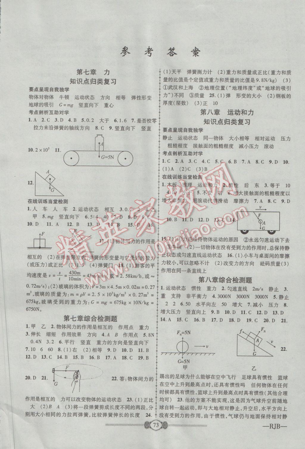 2017年金榜名卷復習沖刺卷八年級物理下冊人教版 參考答案第1頁