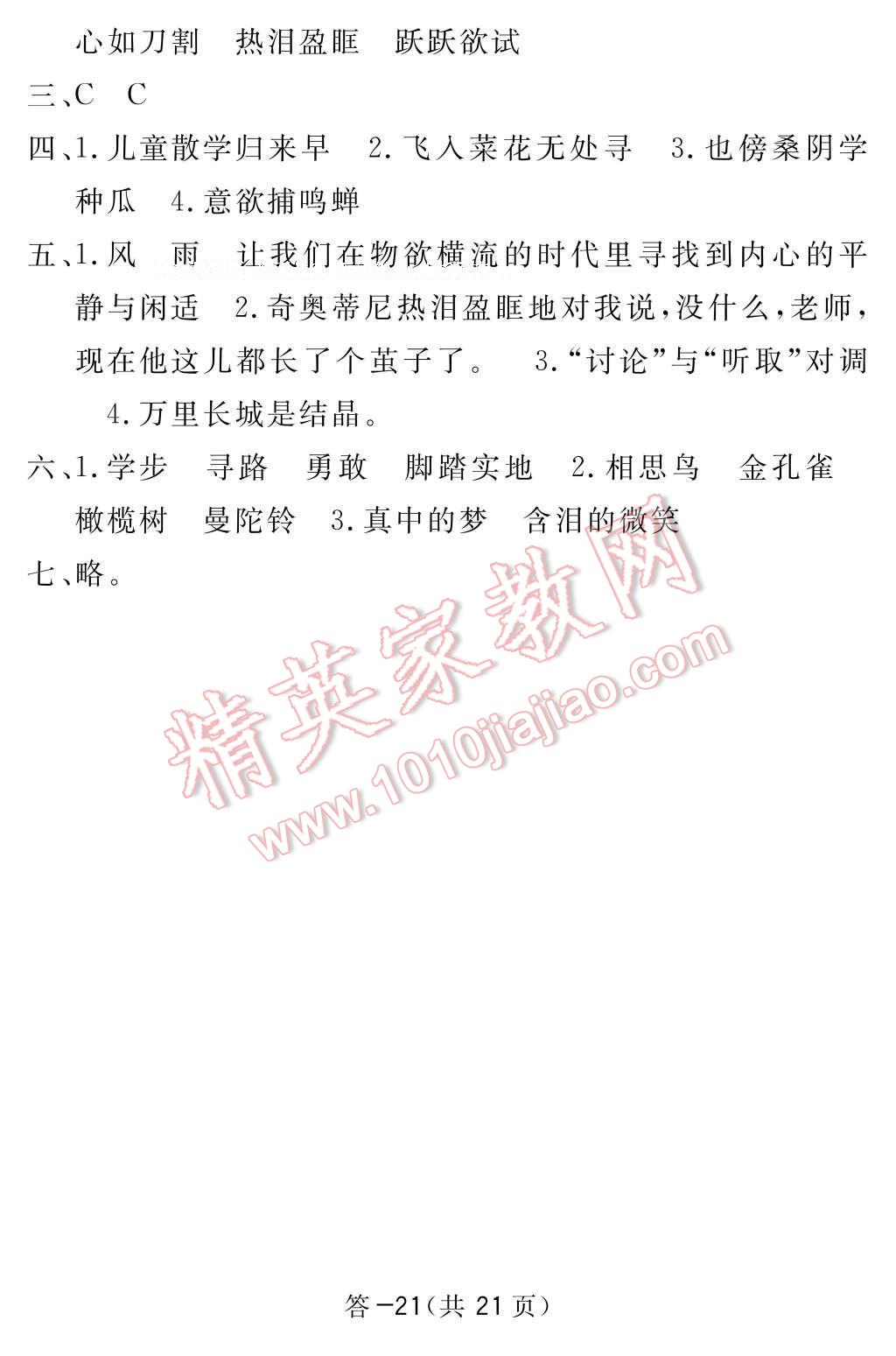 2017年语文作业本六年级下册北师大版江西教育出版社 参考答案第21页