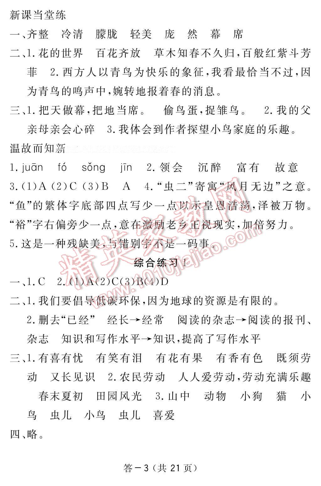 2017年语文作业本六年级下册北师大版江西教育出版社 参考答案第3页