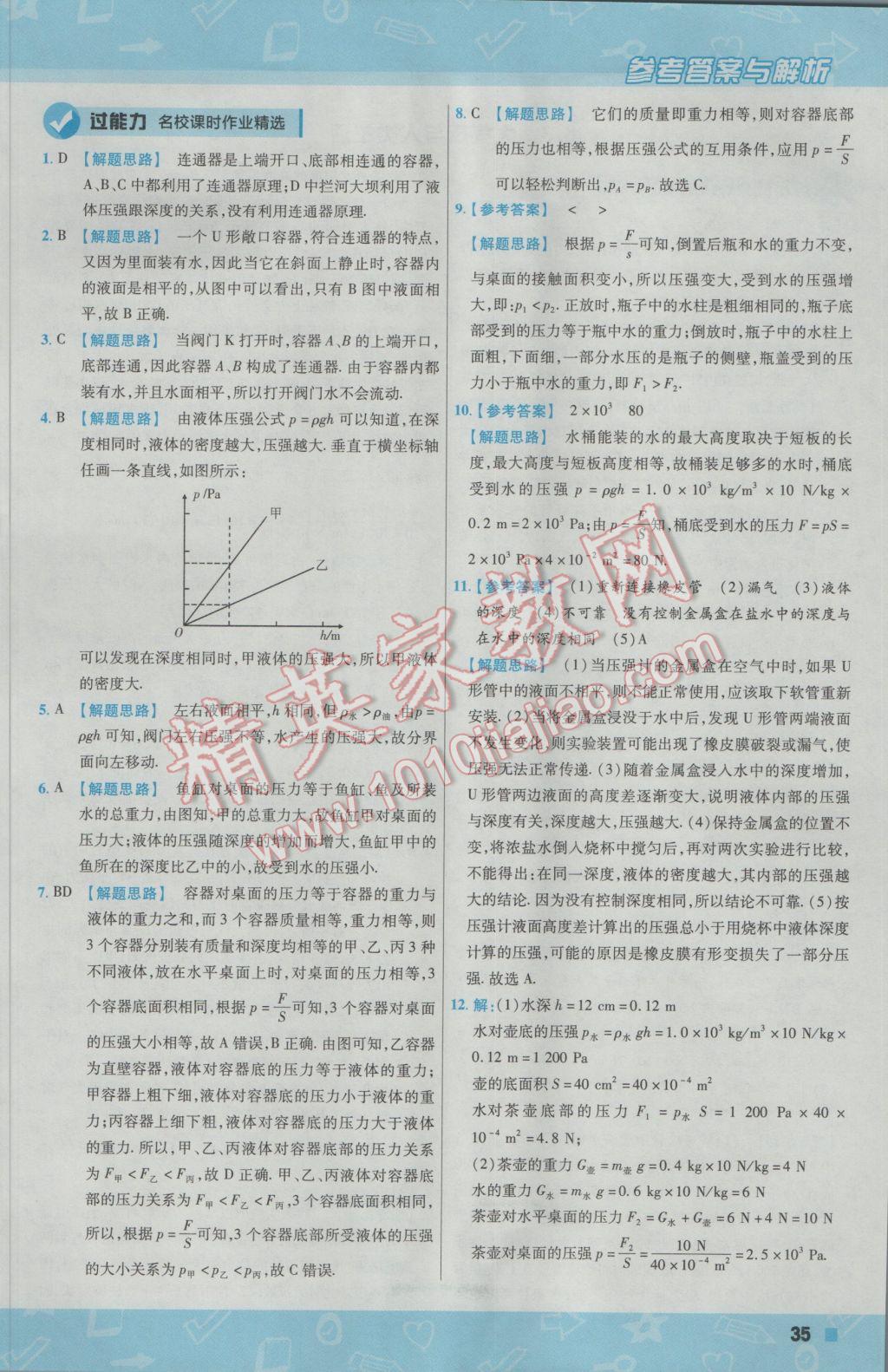 2017年一遍过初中物理八年级下册沪粤版 参考答案第35页