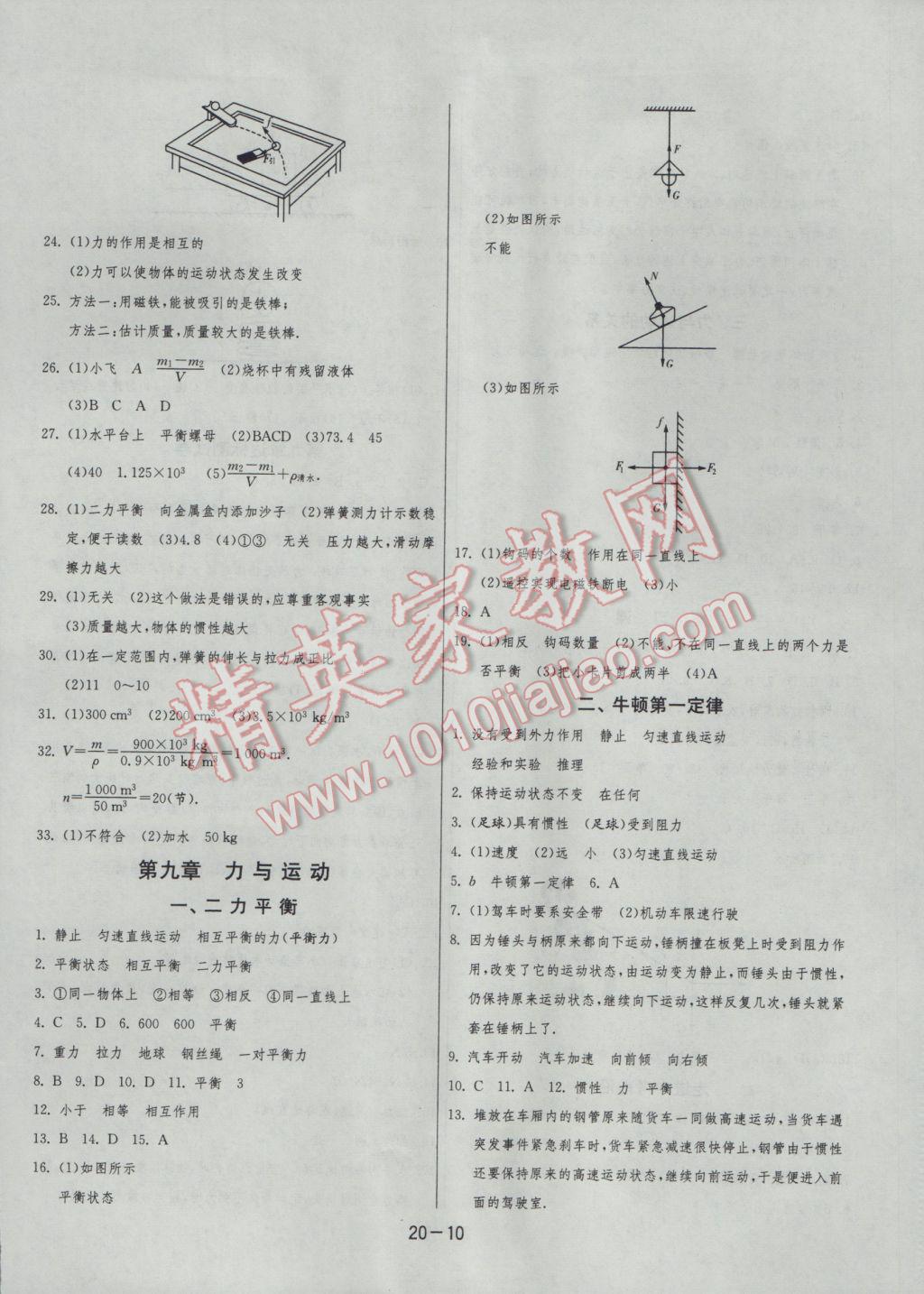 2017年1课3练单元达标测试八年级物理下册苏科版 参考答案第10页