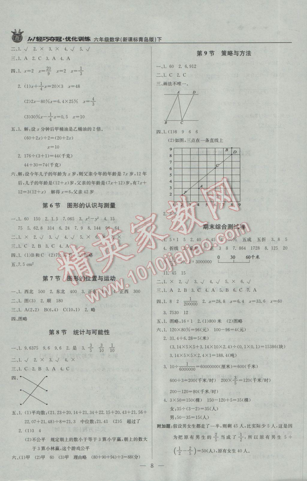 2017年1加1轻巧夺冠优化训练六年级数学下册青岛版银版 参考答案第8页